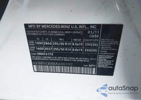 2011 Mercedes-Benz Ml 350 from USA, damaged, VIN 4JGBB5GB8BA690192